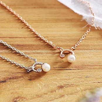 【安珂ECO正韓飾品】小弧形綴珍珠圓鑽 925純銀項鍊/鎖骨項鍊(2色)玫瑰金
