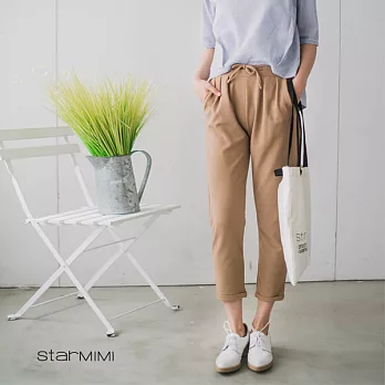 【StarMIMI】褲管打摺綁繩彈性休閒褲＊FREE駝色