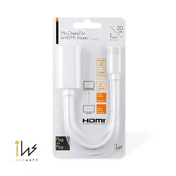 【Innowatt】4K Mini DisplayPort 對 HDMI 轉接器 20cm白