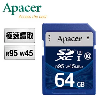 Apacer宇瞻 64GB SDHC UHS-I U3 C10高速記憶卡 (R95 W45 MB/s)