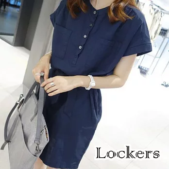 【Lockers 木櫃】純色收腰繫帶短袖襯衫洋裝/連身裙(二色任選)藍色