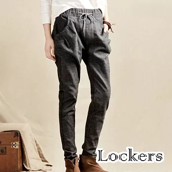 【Lockers 木櫃】寬鬆棉麻繫帶小腳哈倫長褲(二色任選)灰色