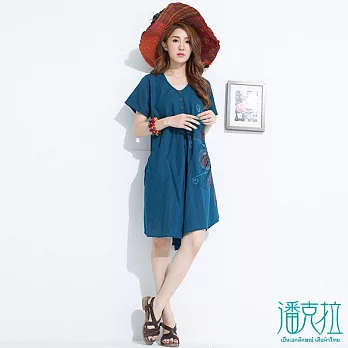 【潘克拉】排扣手刷洋裝(2色)-FREEFREE藍