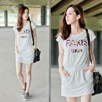 ROSE。燙字paris連身口袋洋裝 白系