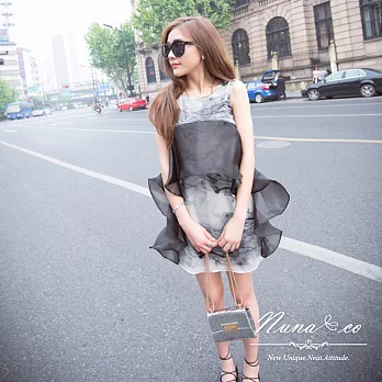 【NUNACO】韓風唯美烏干紗拼接印花洋裝S黑色