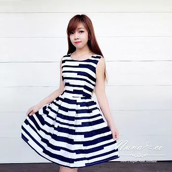 【NUNACO】韓版條紋海軍風洋裝FREE藍色
