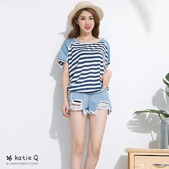【KatieQ】海軍風條紋水洗牛仔寬上衣(藍)-FREEFREE藍