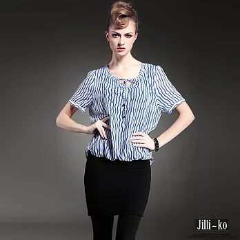 【JILLI-KO歐美設計】領口綁帶直條紋雪紡洋裝(2色)-FREEFREE藍