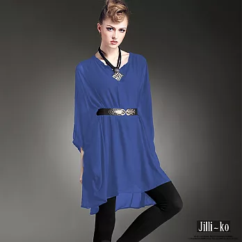【JILLI-KO歐美設計】V領蝙蝠袖飄逸雪紡長版上衣(2色)-FREEFREE藍