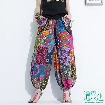 【潘克拉】六釦腰頭拼花燈籠褲-FREEFREE拼色