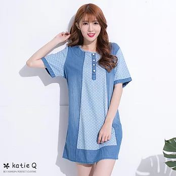 【KatieQ】點點拼接水洗牛仔上衣-FREEFREE藍