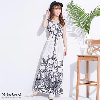 【KatieQ】藤蔓印花渡假長洋裝(3色)-FREEFREE白