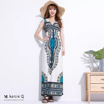 【KatieQ】希臘風圖騰渡假洋裝(2色)-FREEFREE藍