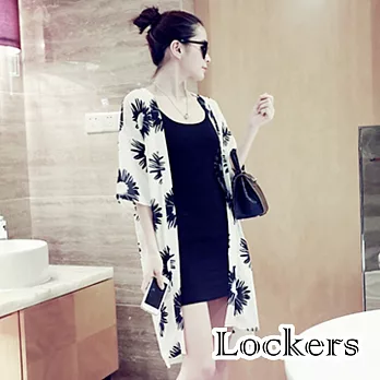 【Lockers 木櫃】韓國黑白太陽花朵超薄長款雪紡外套(二色任選)白色