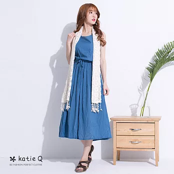 【KatieQ】無印素彩棉麻長洋裝(3色)-FREEFREE藍