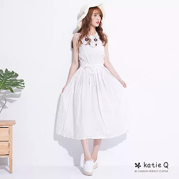 【KatieQ】無印素彩棉麻長洋裝(3色)-FREEFREE白