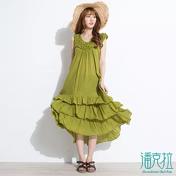 【潘克拉】緹花圓領層次連身裙-FREEFREE綠