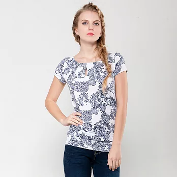 【INF】印花領口洞壓摺短袖上衣15009S藍花