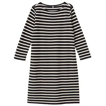 [MUJI 無印良品]女有機棉鹿子織橫紋七分袖洋裝S黑橫紋