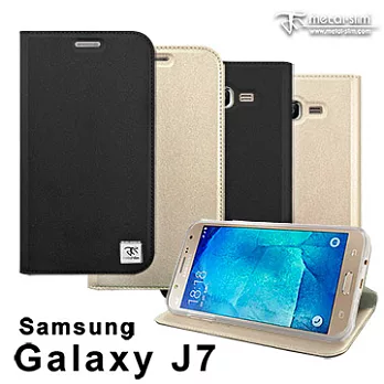 【Metal-slim】Samsung Galaxy J7 超薄質感細紋側翻立架皮套黑