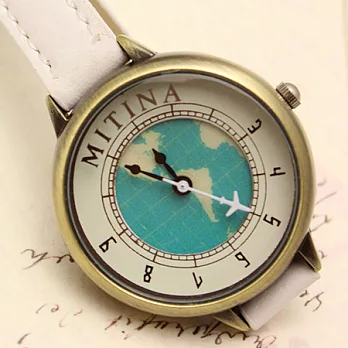 Watch-123 一人旅行-環遊世界飛機時標設計腕錶 (五色可選)白色