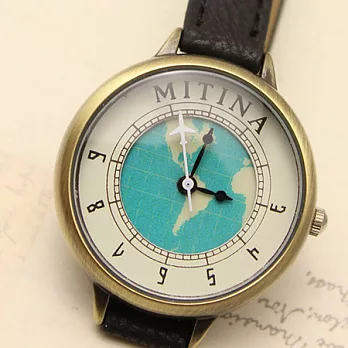 Watch-123 一人旅行-環遊世界飛機時標設計腕錶 (五色可選)黑色