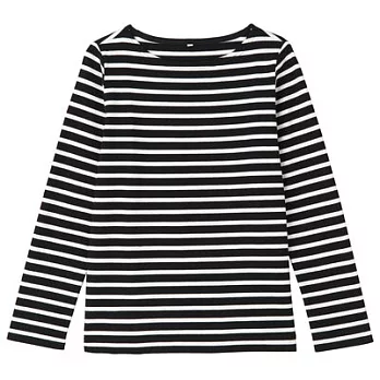 [MUJI 無印良品]女有機棉粗織橫紋長袖T恤M黑紋樣