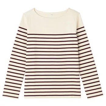 [MUJI 無印良品]女有機棉粗織寬紋長袖T恤S紫紅橫紋