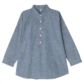 [MUJI 無印良品]女有機棉棉織七分袖長版衫L藍色