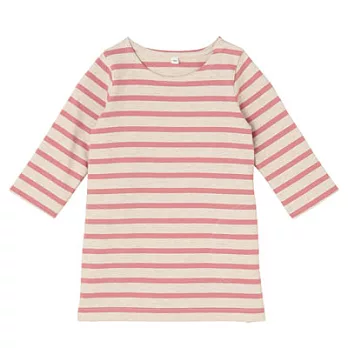 [MUJI 無印良品]幼兒有機棉粗織八分袖洋裝80粉紅橫紋