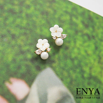 Enya★925銀 珍珠水鑽貝殼花耳環金色