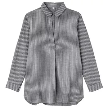 [MUJI 無印良品]女有機棉二重紗織直紋長版衫L深藍