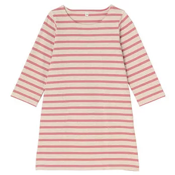 [MUJI 無印良品]兒童有機棉粗織八分袖洋裝110粉紅橫紋