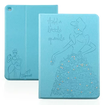 Disney iPad Air 2公主系列Cinderella灰姑娘時尚手繪風水鑽壓紋皮套-藍藍