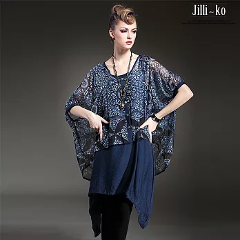 【JILLI-KO歐美設計】假兩件時尚花卉雪紡洋裝(2色)-FREEFREE藍