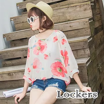【Lockers 木櫃】韓國少女風粉末茶花七分袖寬鬆印花雪紡上衣(白色)