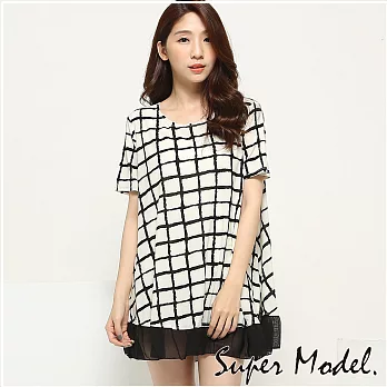 【名模衣櫃】印花下擺雪紡拼接上衣-共5款FREE黑白格
