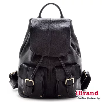 【i Brand 天然皮革】 俐落時尚-牛皮翻蓋口袋後背包 -經典黑