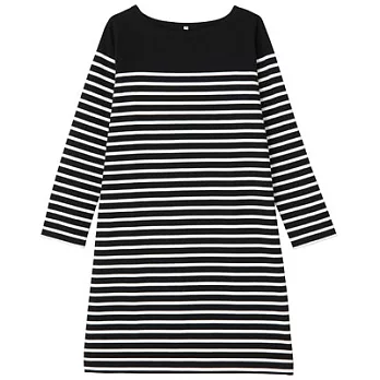 [MUJI無印良品]女有機棉粗織寬紋長袖洋裝M黑紋樣