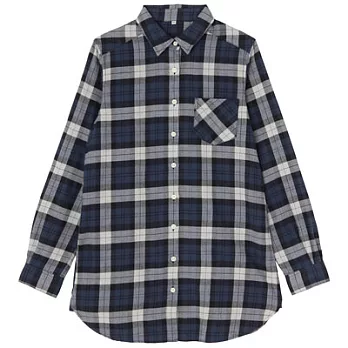 [MUJI無印良品]女有機棉法蘭絨格紋長版衫M暗藍