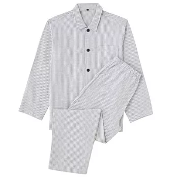 [MUJI 無印良品]男有機棉起毛二重紗織家居睡衣M暗藍直紋