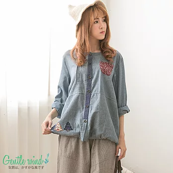 【Gentle wind 輕輕.吹】小樹繡摺袖棉麻上衣(2色)-FREEFREE藍