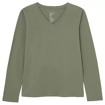 [MUJI 無印良品]女有機棉V領長袖T恤S綠色