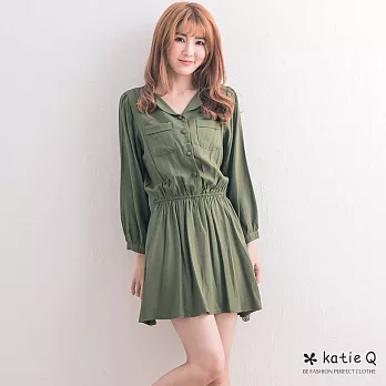 【KatieQ】翻領縮腰襯衫洋(2色)-FREEFREE綠