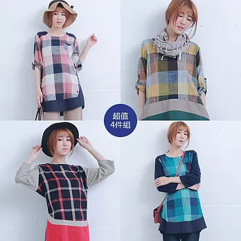 【KatieQ】甜美彩格寬版上衣組(4色-M-3L)M組