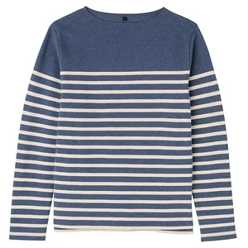 [MUJI 無印良品]男有機棉寬紋船領長袖T恤M煙燻藍