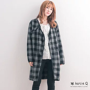 【KatieQ】滾邊格紋針織寬版外套-FREEFREE灰