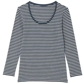 [MUJI無印良品]女棉混羊毛彈性保暖U領九分袖XL煙燻藍橫紋