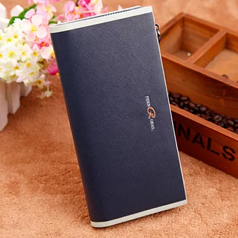 AmaZing 都會魅力白邊框拉鍊零錢男用長夾 (3色可選)藍色