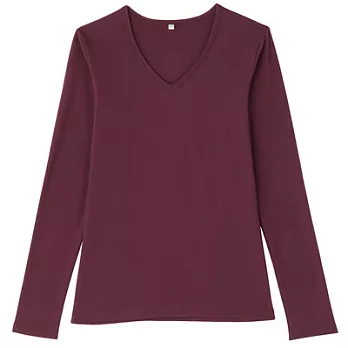 [MUJI無印良品]女有機棉混彈性V領長袖T恤XS酒紅